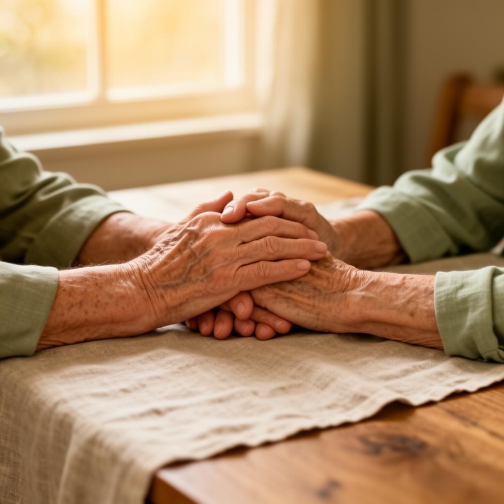 Två händer vilar tillsammans på ett bord — närvaro och stöd