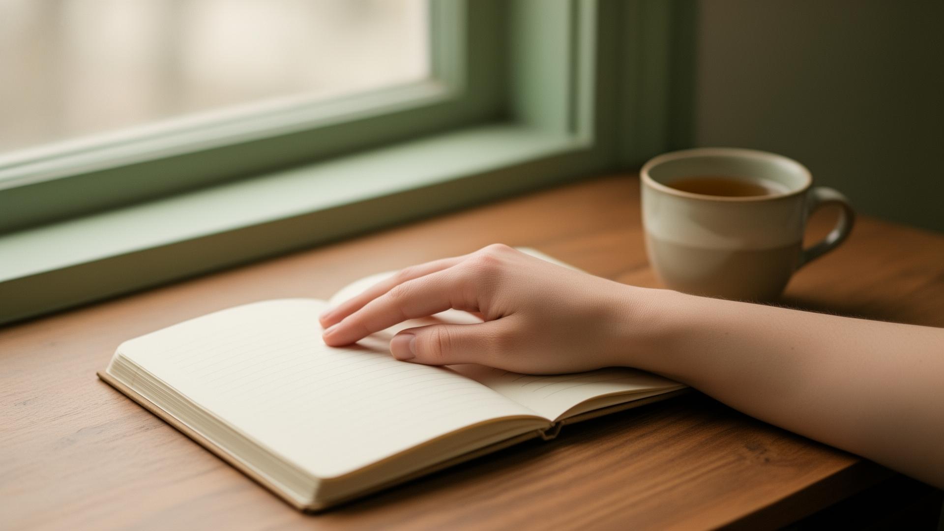 Lugn morgon vid ett fönster — en hand vilar på en öppen anteckningsbok
